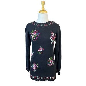 Vintage Grandma Women’s Sweater Embroidered Floral Tunic 80s Black Small